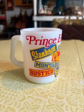 Vintage PEI Fire King Milk Glass Mug with Red, Blue and Yellow Graphics